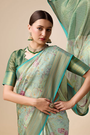 Green Organza Silk Saree With Blouse Piece