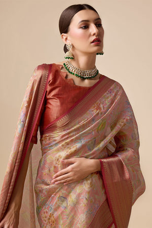 Rust Organza Silk Saree With Blouse Piece