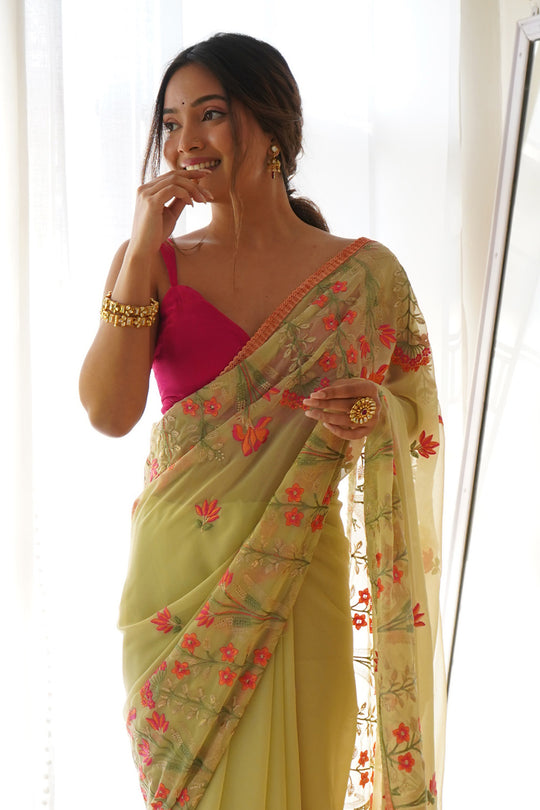 Lemon Yellow  Georgette Saree With Blouse Piece