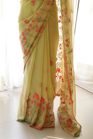 Lemon Yellow  Georgette Saree With Blouse Piece