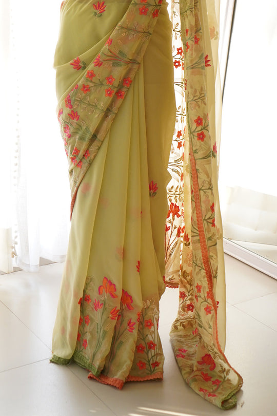 Lemon Yellow  Georgette Saree With Blouse Piece