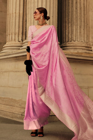 Pink Satin Silk Saree With Blouse Piece