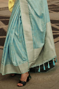 Blue Satin Silk Saree With Blouse Piece