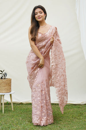 Brown Organza Saree With Blouse Piece