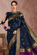 Womens Linen Blend Blue Saree With Blouse Piece