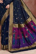 Womens Linen Blend Blue Saree With Blouse Piece