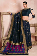Womens Linen Blend Blue Saree With Blouse Piece