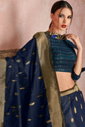 Womens Linen Blend Blue Saree With Blouse Piece