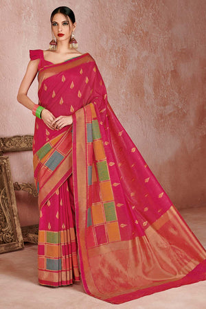 Womens Linen Blend Pink Saree With Blouse Piece