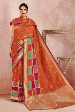 Womens Linen Blend Orange Saree With Blouse Piece