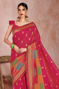 Womens Linen Blend Pink Saree With Blouse Piece