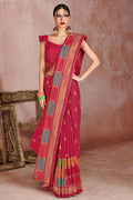 Womens Linen Blend Pink Saree With Blouse Piece