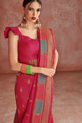 Womens Linen Blend Pink Saree With Blouse Piece