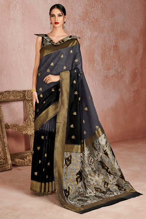 Womens Linen Blend Grey Saree With Blouse Piece