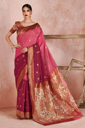 Womens Linen Blend Pink Saree With Blouse Piece