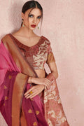 Womens Linen Blend Pink Saree With Blouse Piece
