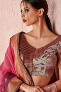 Womens Linen Blend Pink Saree With Blouse Piece