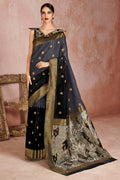 Womens Linen Blend Grey Saree With Blouse Piece