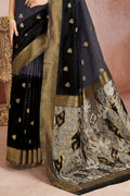 Womens Linen Blend Grey Saree With Blouse Piece