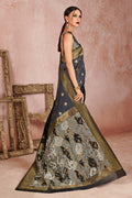 Womens Linen Blend Grey Saree With Blouse Piece