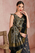 Womens Linen Blend Grey Saree With Blouse Piece