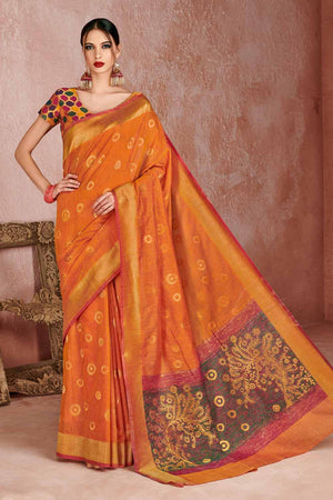 Womens Linen Blend Orange Saree With Blouse Piece