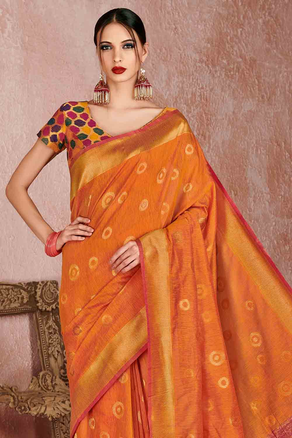 Womens Linen Orange Saree With Blouse Piece