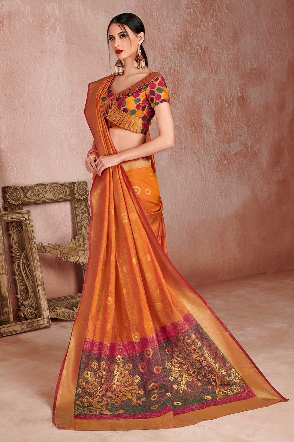 Womens Linen Orange Saree With Blouse Piece