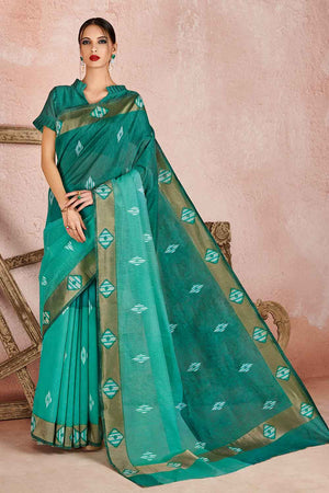 Womens Linen Blend Blue Saree With Blouse Piece