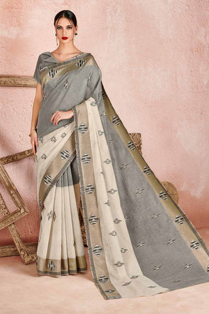 Womens Linen Blend Grey Saree With Blouse Piece