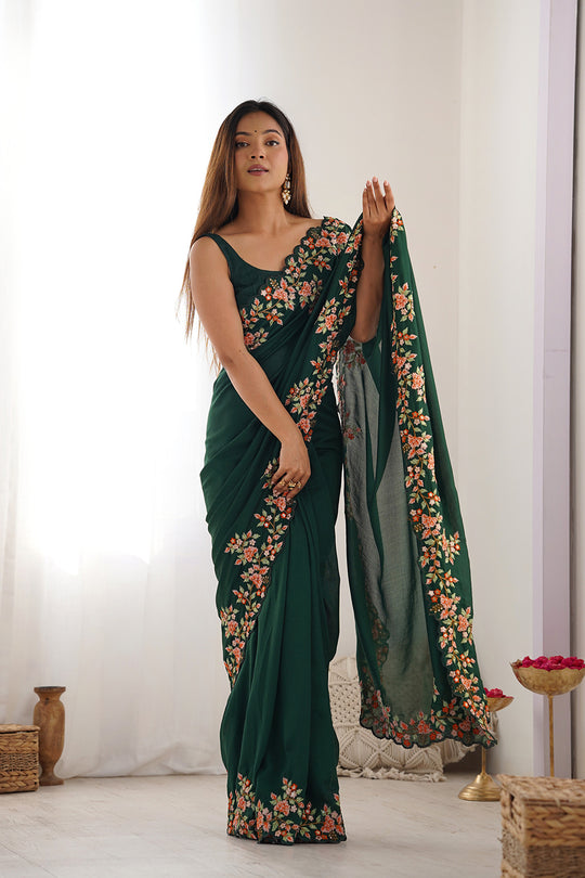 Green Vichitra Silk Sequins Embroidery Work With Cut Work Border Saree With Blouse Piece