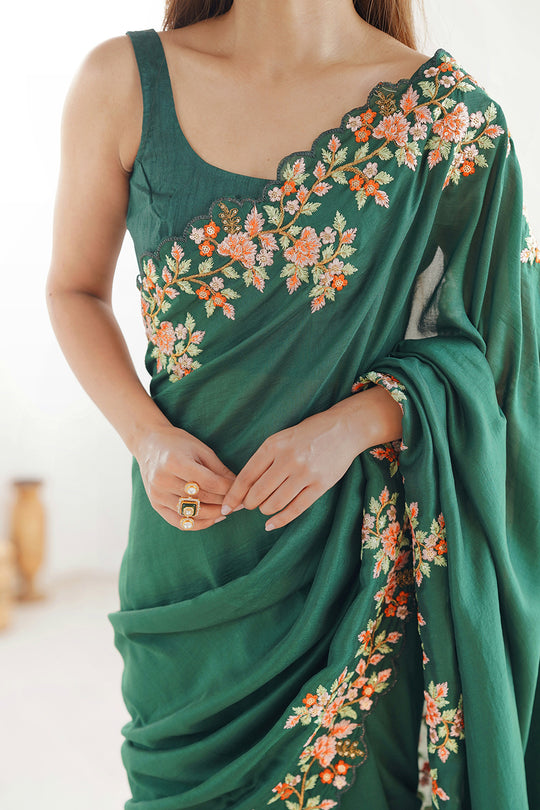 Green Vichitra Silk Sequins Embroidery Work With Cut Work Border Saree With Blouse Piece