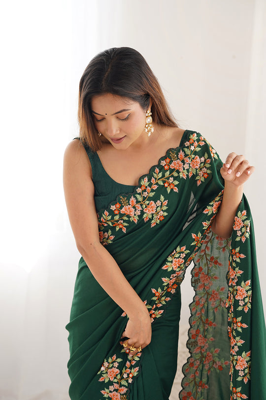 Green Vichitra Silk Sequins Embroidery Work With Cut Work Border Saree With Blouse Piece