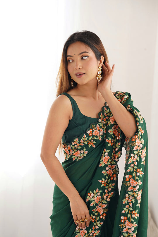 Green Vichitra Silk Sequins Embroidery Work With Cut Work Border Saree With Blouse Piece