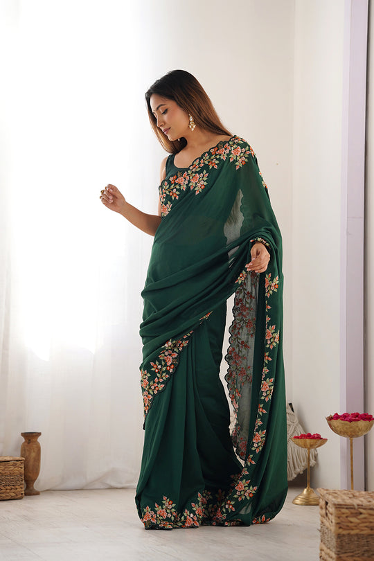 Green Vichitra Silk Sequins Embroidery Work With Cut Work Border Saree With Blouse Piece