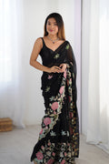 Black Vichitra Silk Sequins Embroidery Work With Cut Work Border Saree With Blouse Piece