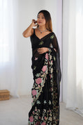 Black Vichitra Silk Sequins Embroidery Work With Cut Work Border Saree With Blouse Piece