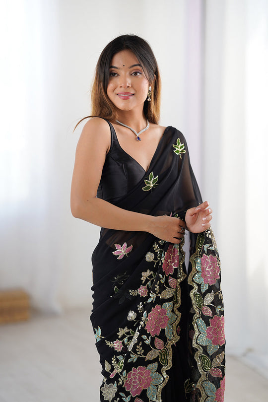 Black Vichitra Silk Sequins Embroidery Work With Cut Work Border Saree With Blouse Piece