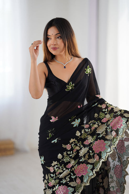 Black Vichitra Silk Sequins Embroidery Work With Cut Work Border Saree With Blouse Piece
