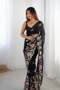 Black Vichitra Silk Sequins Embroidery Work With Cut Work Border Saree With Blouse Piece