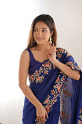 Blue Vichitra Silk Sequins Embroidery Work With Cut Work Border Saree With Blouse Piece