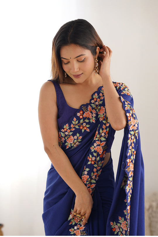 Blue Vichitra Silk Sequins Embroidery Work With Cut Work Border Saree With Blouse Piece