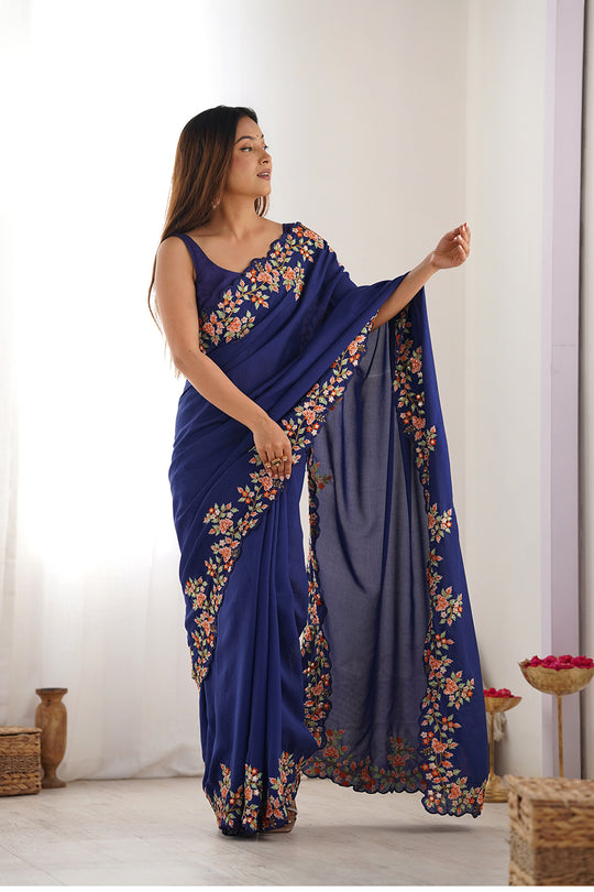 Blue Vichitra Silk Sequins Embroidery Work With Cut Work Border Saree With Blouse Piece