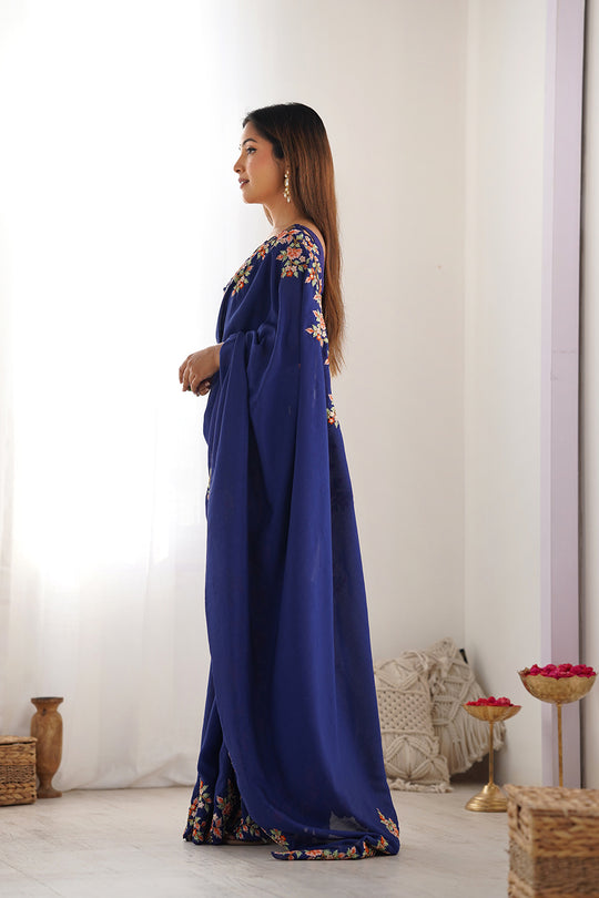 Blue Vichitra Silk Sequins Embroidery Work With Cut Work Border Saree With Blouse Piece