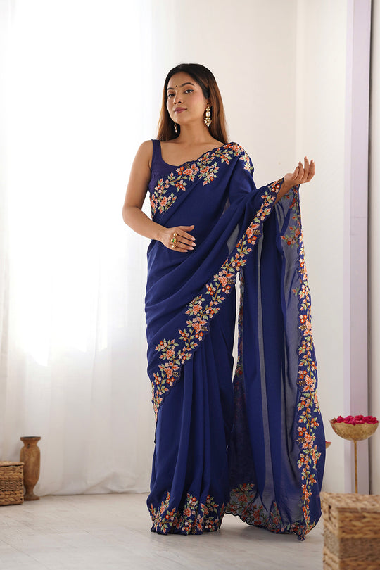 Blue Vichitra Silk Sequins Embroidery Work With Cut Work Border Saree With Blouse Piece