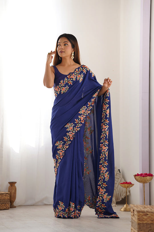 Blue Vichitra Silk Sequins Embroidery Work With Cut Work Border Saree With Blouse Piece