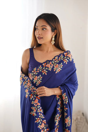 Blue Vichitra Silk Sequins Embroidery Work With Cut Work Border Saree With Blouse Piece