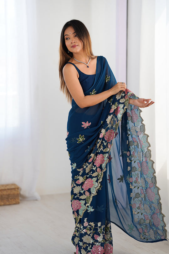 Navy Blue Vichitra Silk Sequins Embroidery Work With Cut Work Border Saree With Blouse Piece