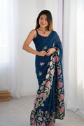 Navy Blue Vichitra Silk Sequins Embroidery Work With Cut Work Border Saree With Blouse Piece