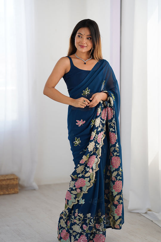 Navy Blue Vichitra Silk Sequins Embroidery Work With Cut Work Border Saree With Blouse Piece